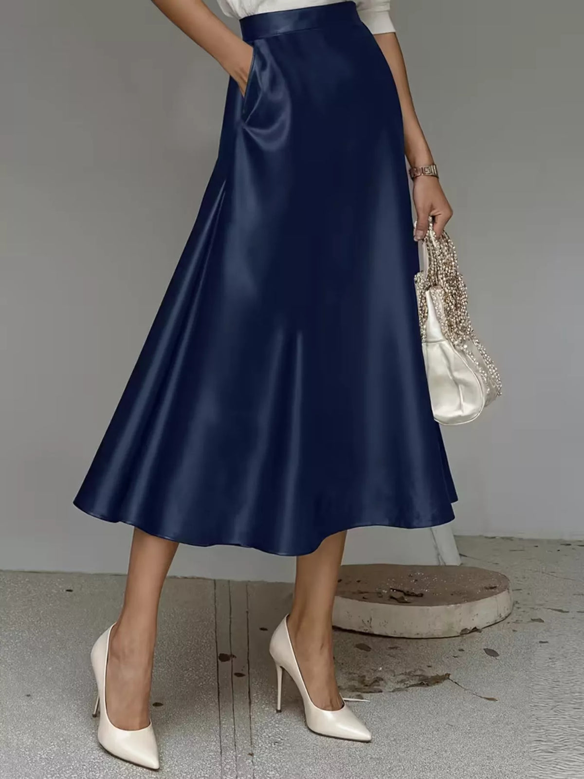 High-waist satin midi skirt with pockets, navy blue satin A-line flare
