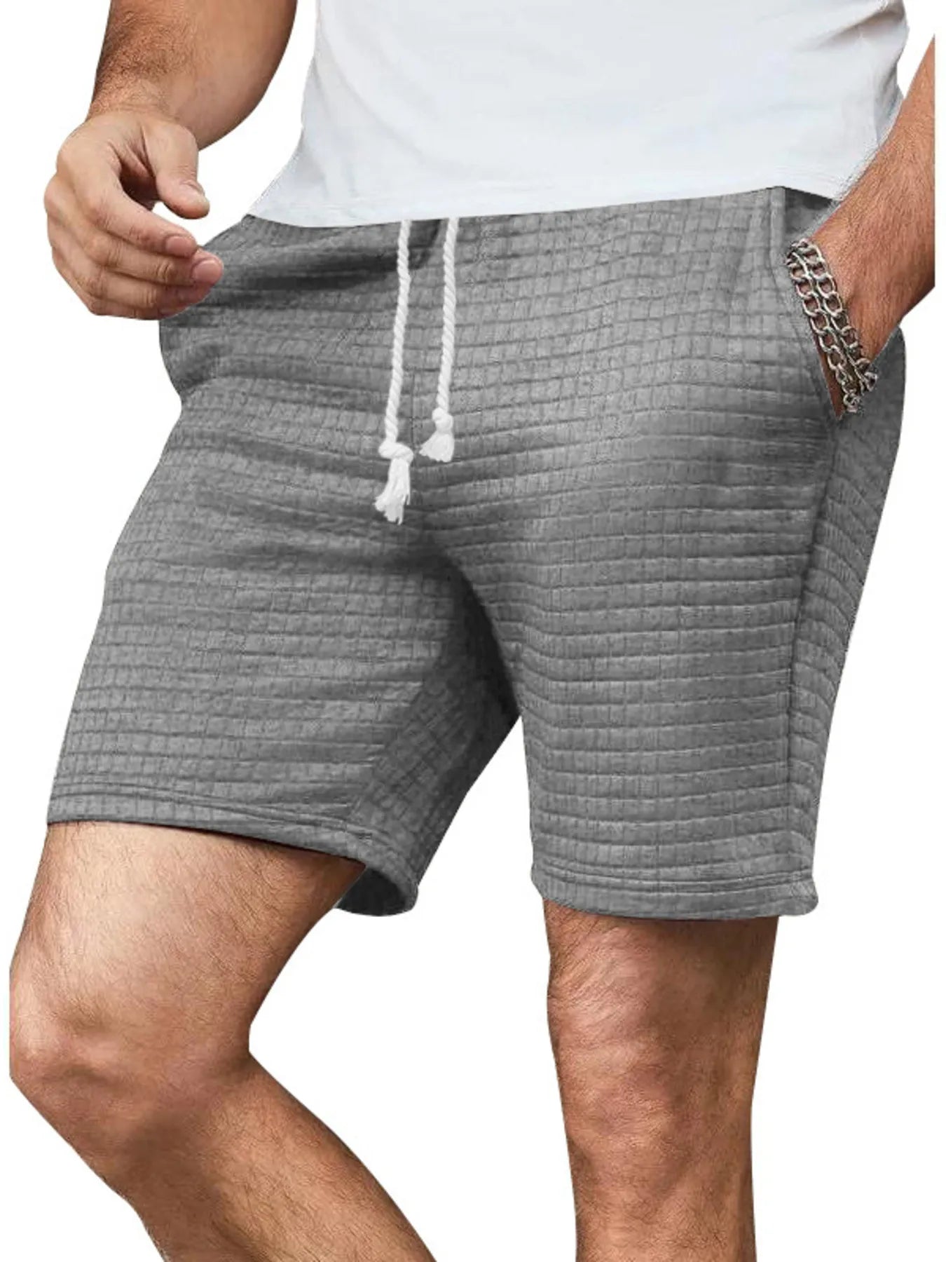 Gray drawstring shorts with elastic waistband and textured fabric