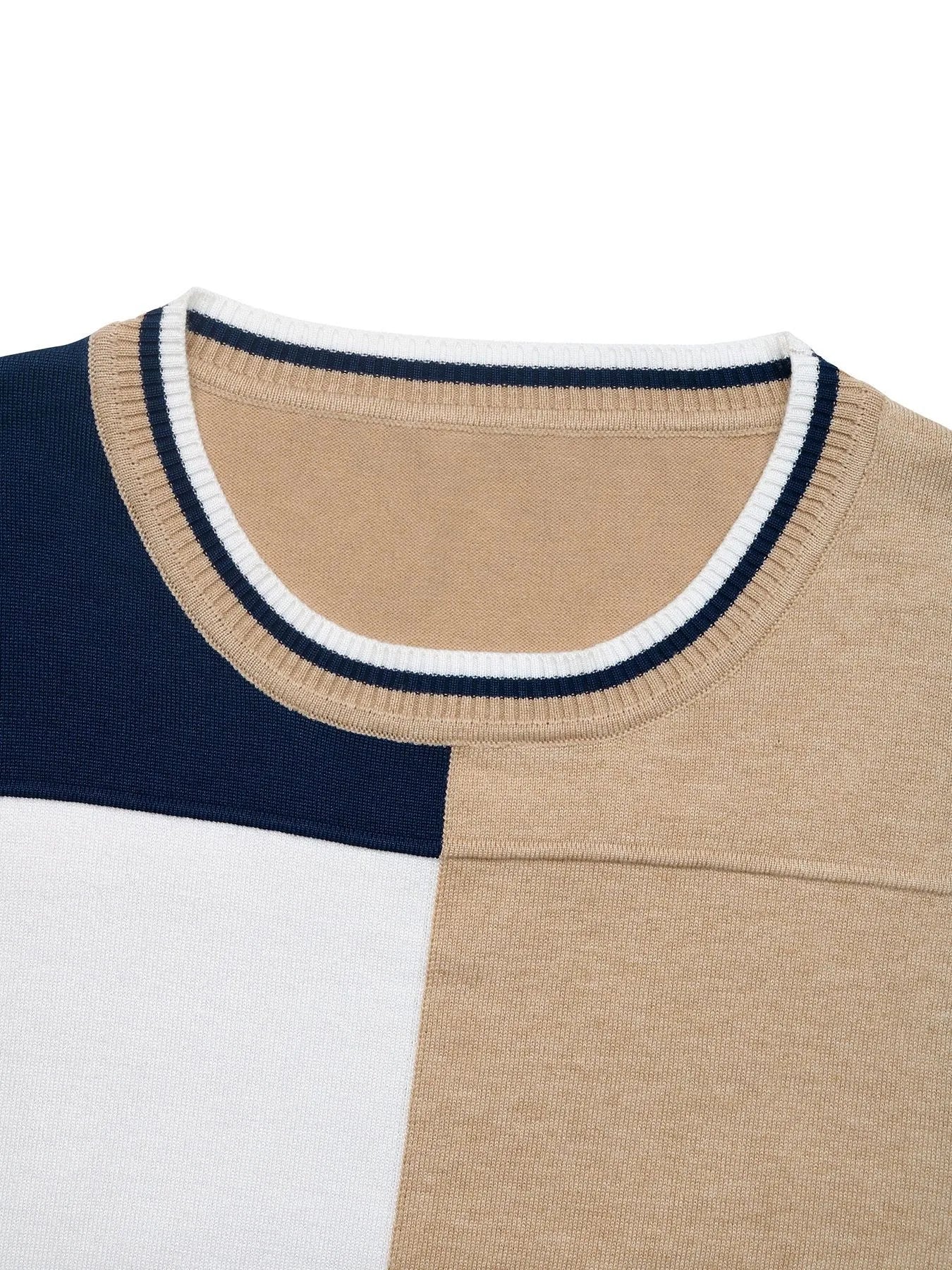 Round neckline ribbed trim on a color block sweater; navy, white, and beige knit