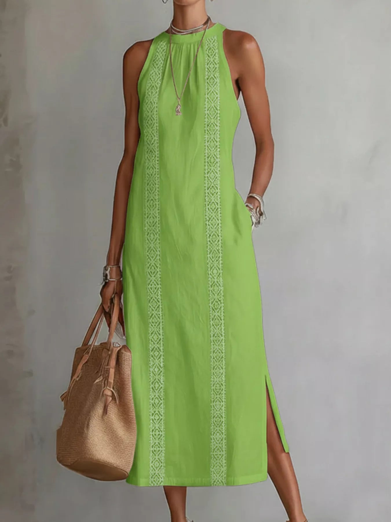 Neon green sleeveless midi dress with lace trim panels and side slit