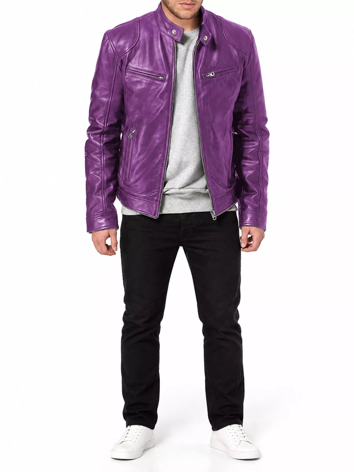 Men's zip-up vegan leather jacket, purple, stand collar with front zip and chest pockets