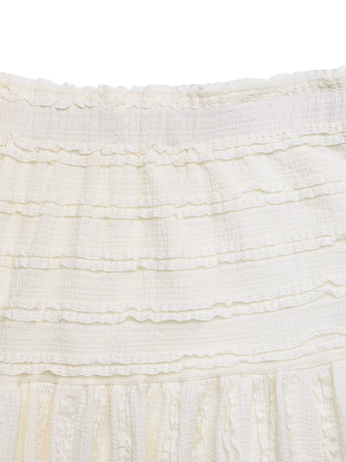 Ivory textured fabric of a midi skirt with horizontal ruffle rows and soft stretch