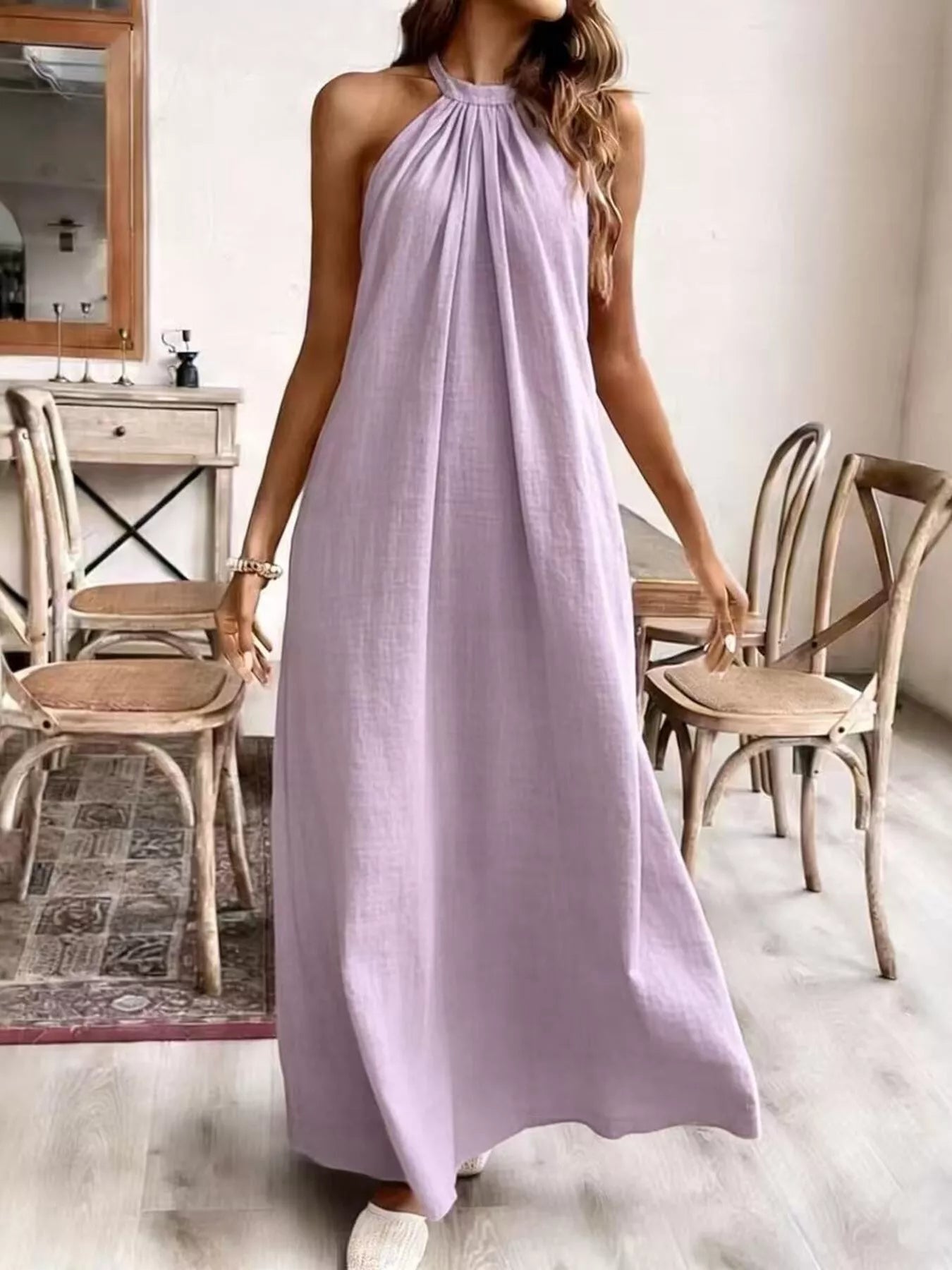 Light purple halter neck maxi dress with gathered high neckline and sleeveless cut