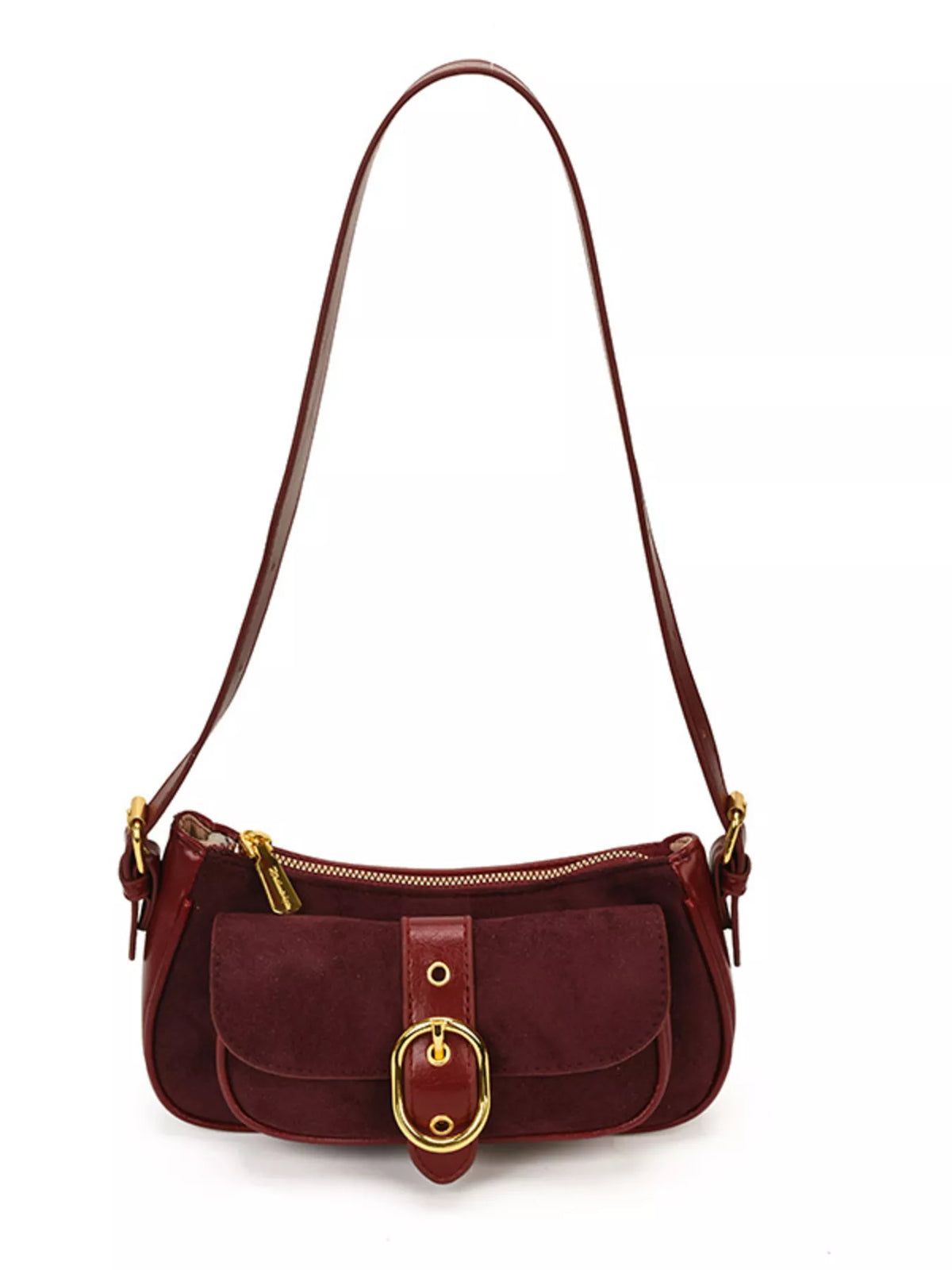 Wine red suede shoulder bag with front flap, oval buckle clasp, adjustable strap