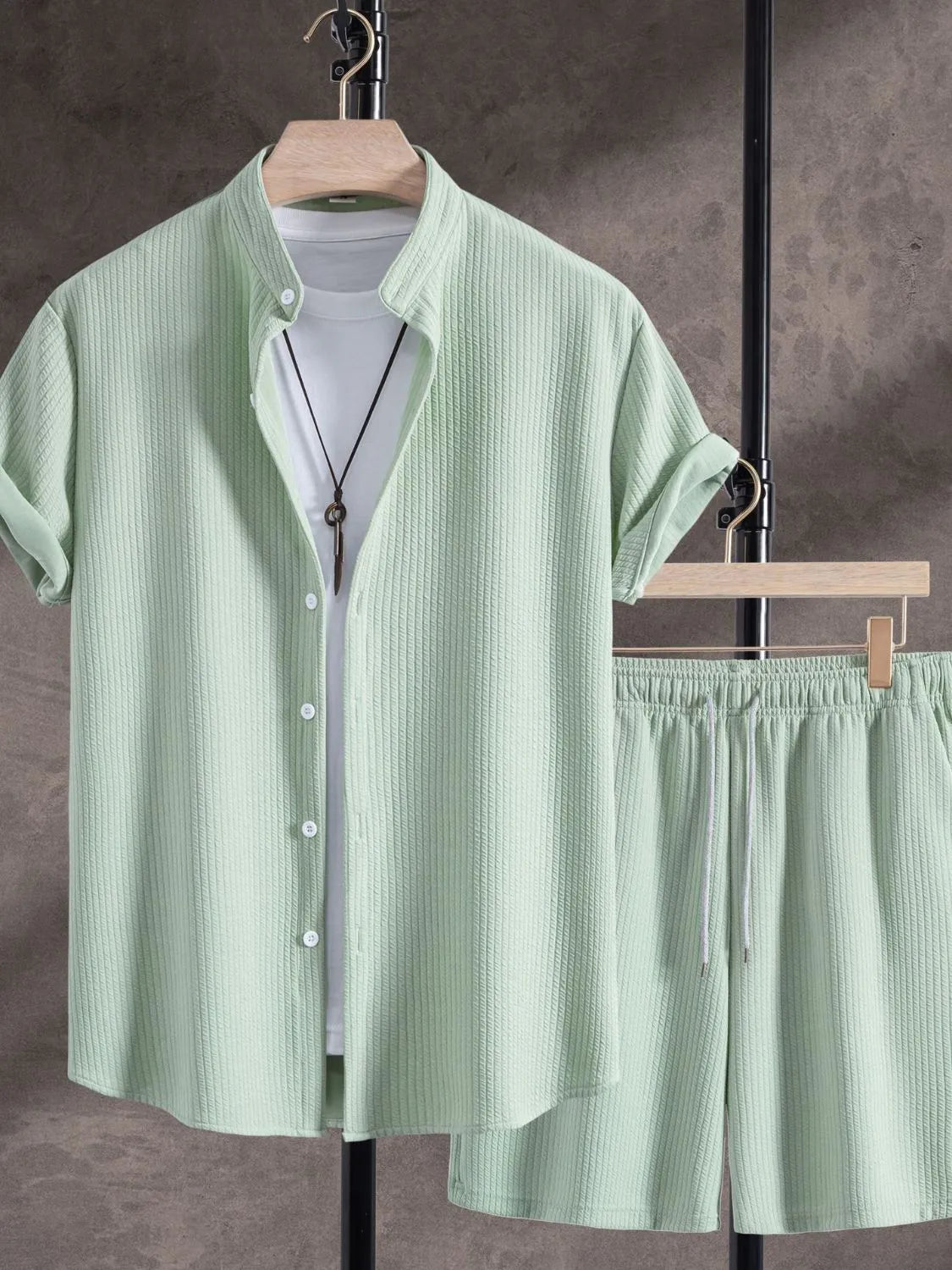 Mint green ribbed short sleeve shirt with matching elastic waist shorts