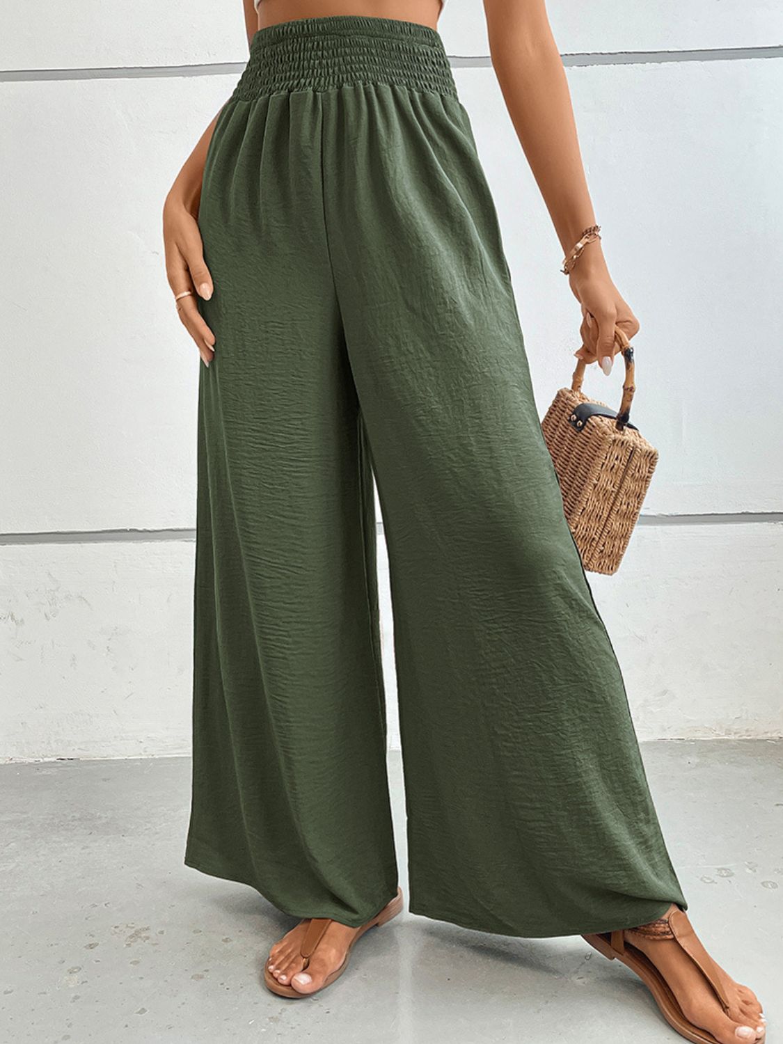 Olive green relaxed-fit wide-leg long pants with gathered elastic waist