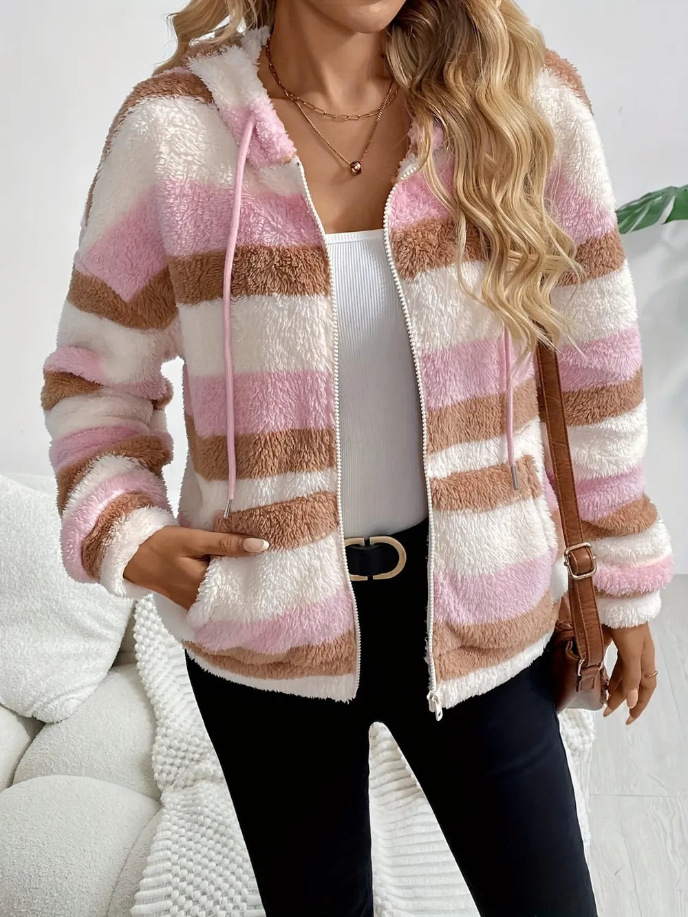 Striped hooded zip-up jacket with blush pink, brown, and cream horizontal bands, front view