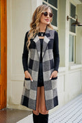 Plaid open-front cardigan with pockets, black and gray checker blocks, long sleeves