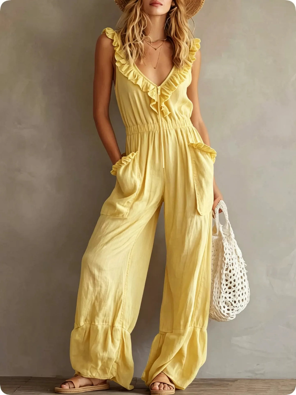 Ruffled V-neck wide-leg jumpsuit in sunny yellow with ruffle-trim neckline and pockets