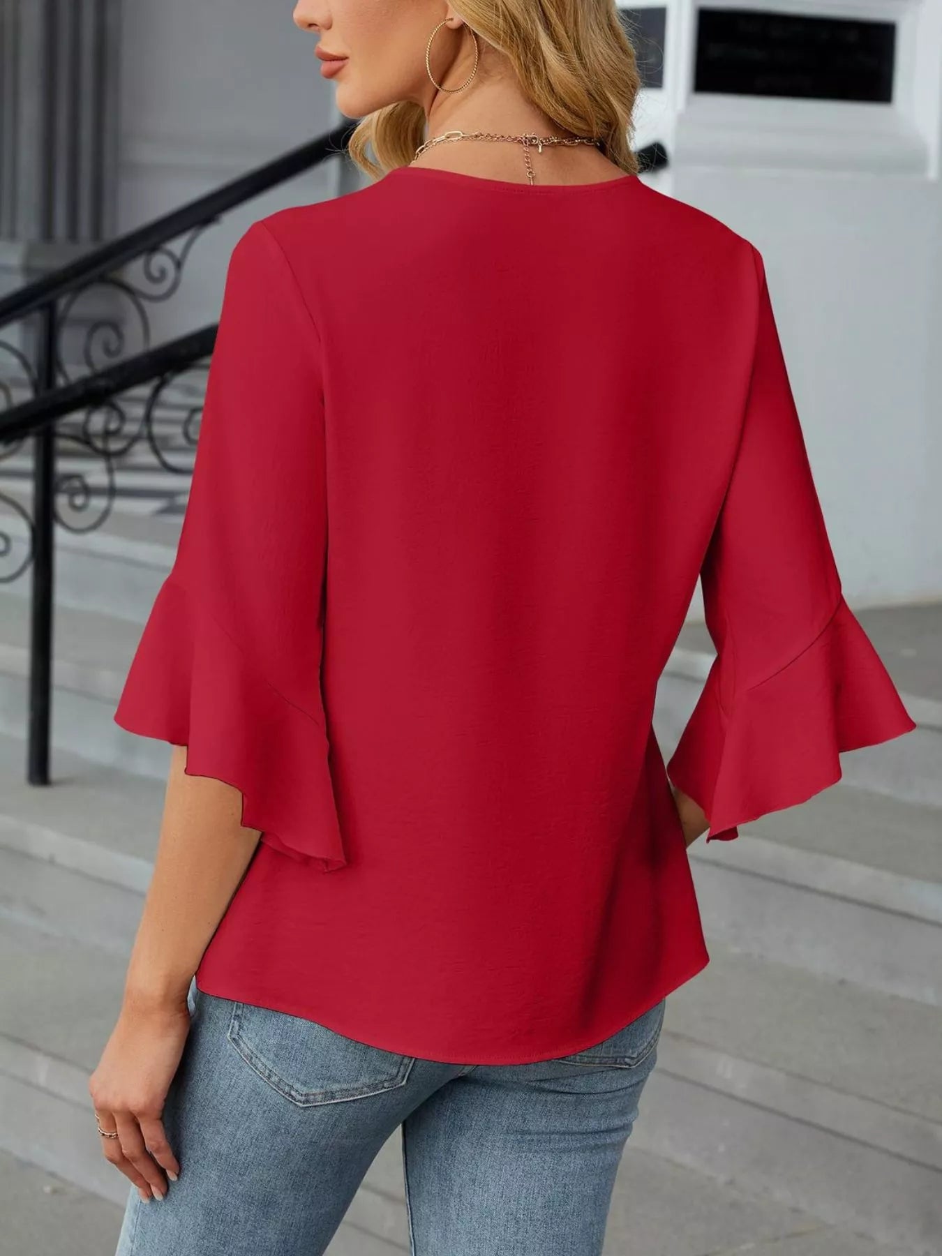 V-Neck Ruffle Sleeve Blouse by Trendsi, red, back view