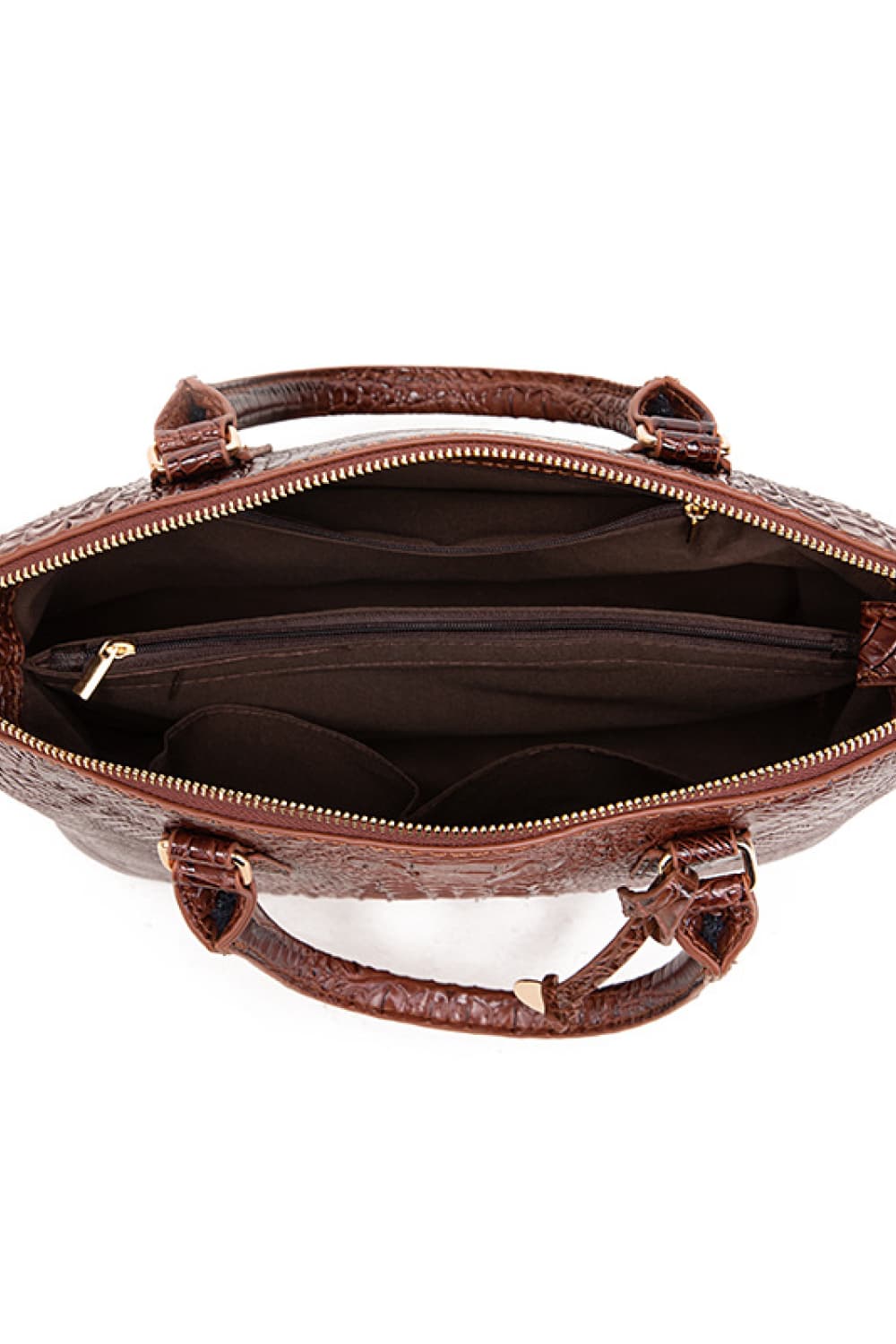 Dark brown vegan leather handbag open with zip-top closure and fabric-lined interior