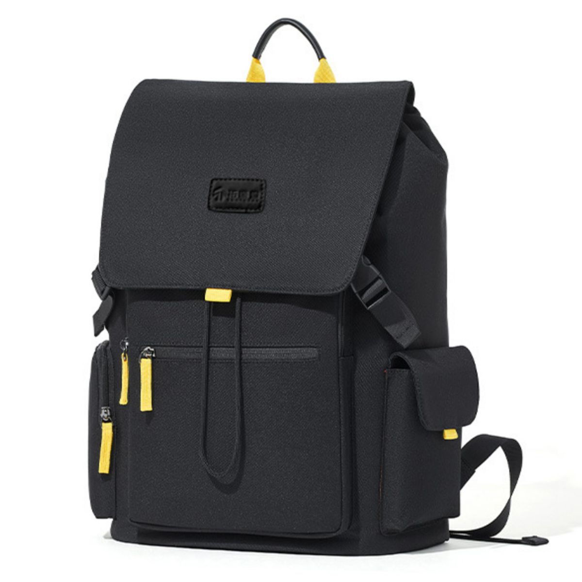 Cedar & Moore Flap-Over Backpack Bag, large black backpack with yellow zipper pulls by Trendsi