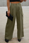Army green wide-leg pants with ruched waistband and side pockets