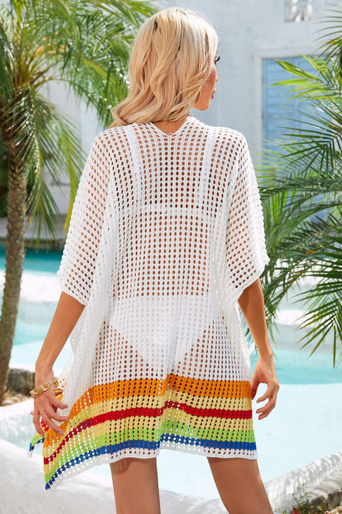 White openwork slit cover-up with V-neck back and rainbow striped hem, short sleeves
