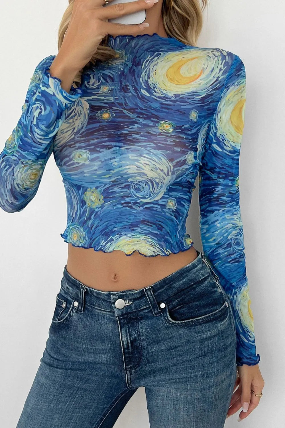 Cropped mesh t-shirt front view in blue with yellow swirl print, long sleeves