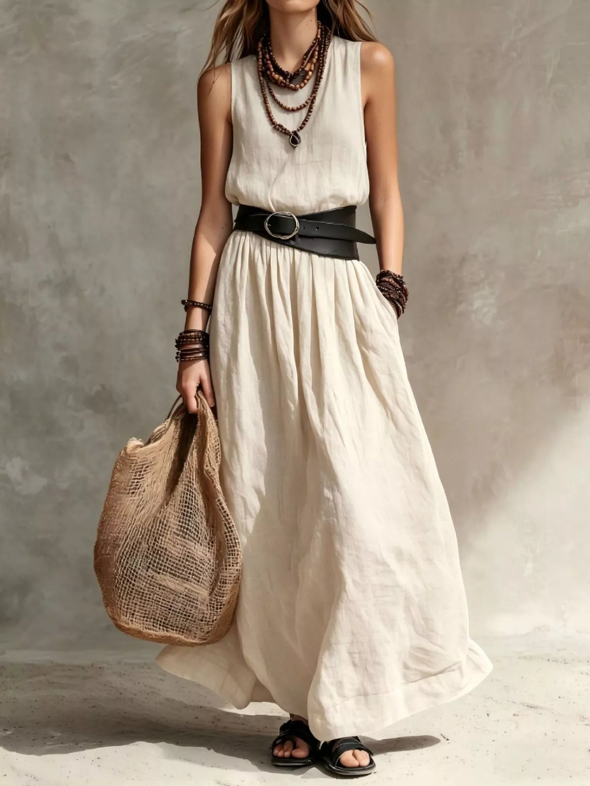 Cream belted sleeveless maxi dress with round neckline and gathered, flared skirt