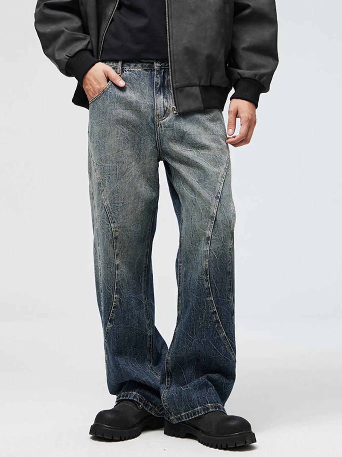Men's wide-leg cotton jeans, vintage washed blue denim with five-pocket styling
