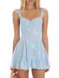 Light blue sweetheart cami mini dress with ruffled tiers and bow at neckline