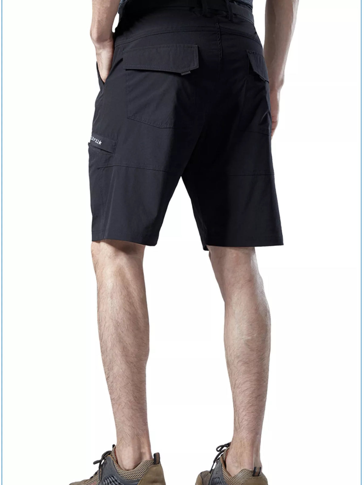 Black cargo shorts with belt, back pocket panels, and side utility pocket