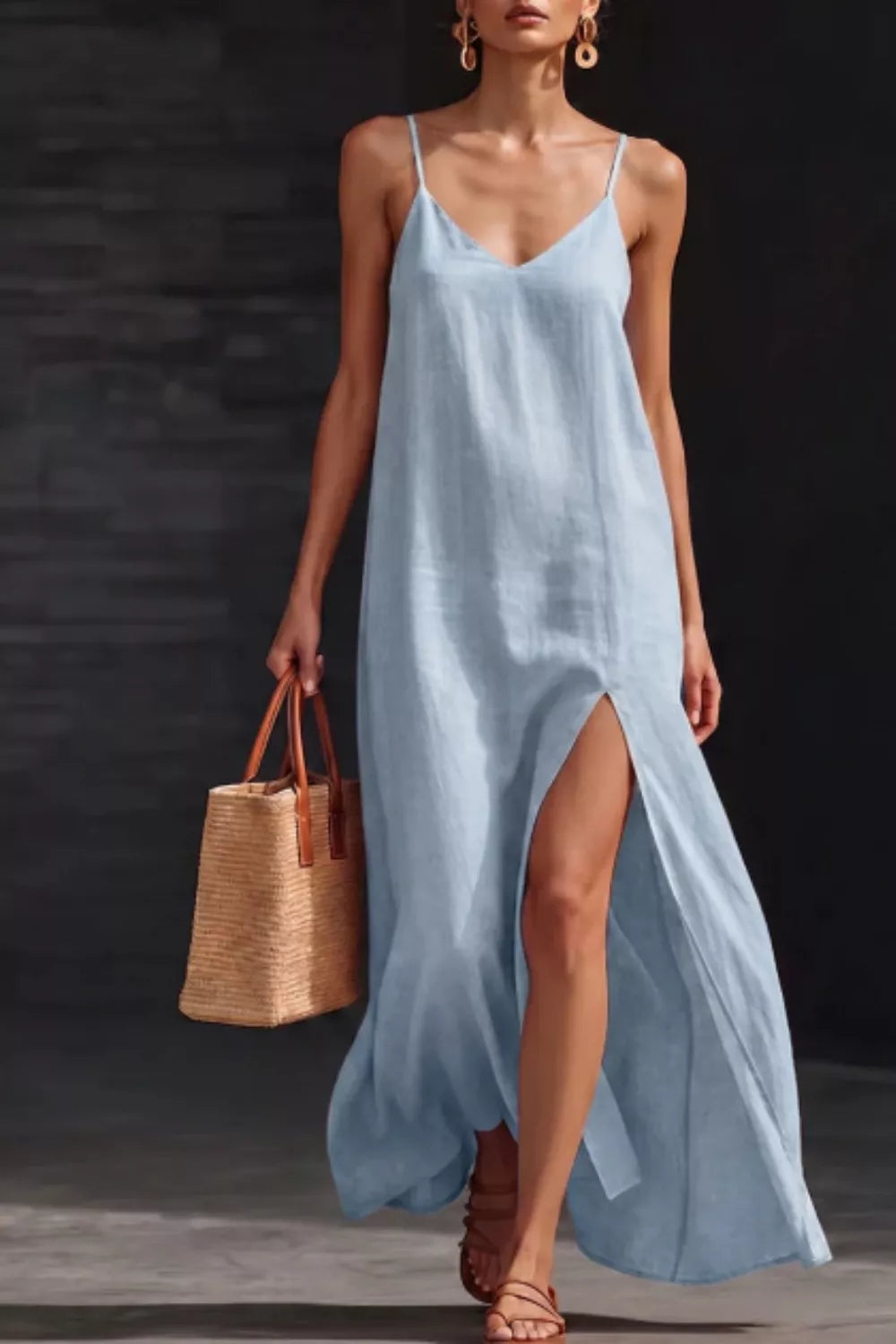 Cedar & Moore Slit V-Neck Maxi Dress in light blue linen-look fabric with thigh-high slit, Trendsi