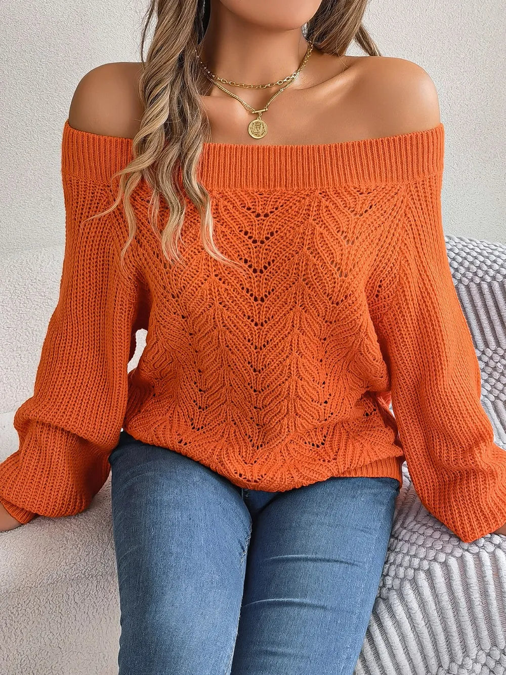 Openwork off-shoulder long sleeve sweater in pumpkin orange knit, relaxed fit