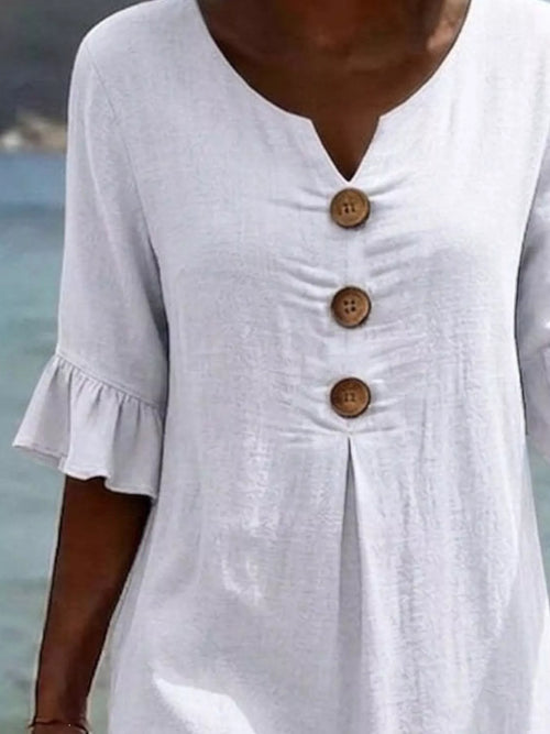 White button-front midi dress with three round wooden-style buttons and ruffled sleeve