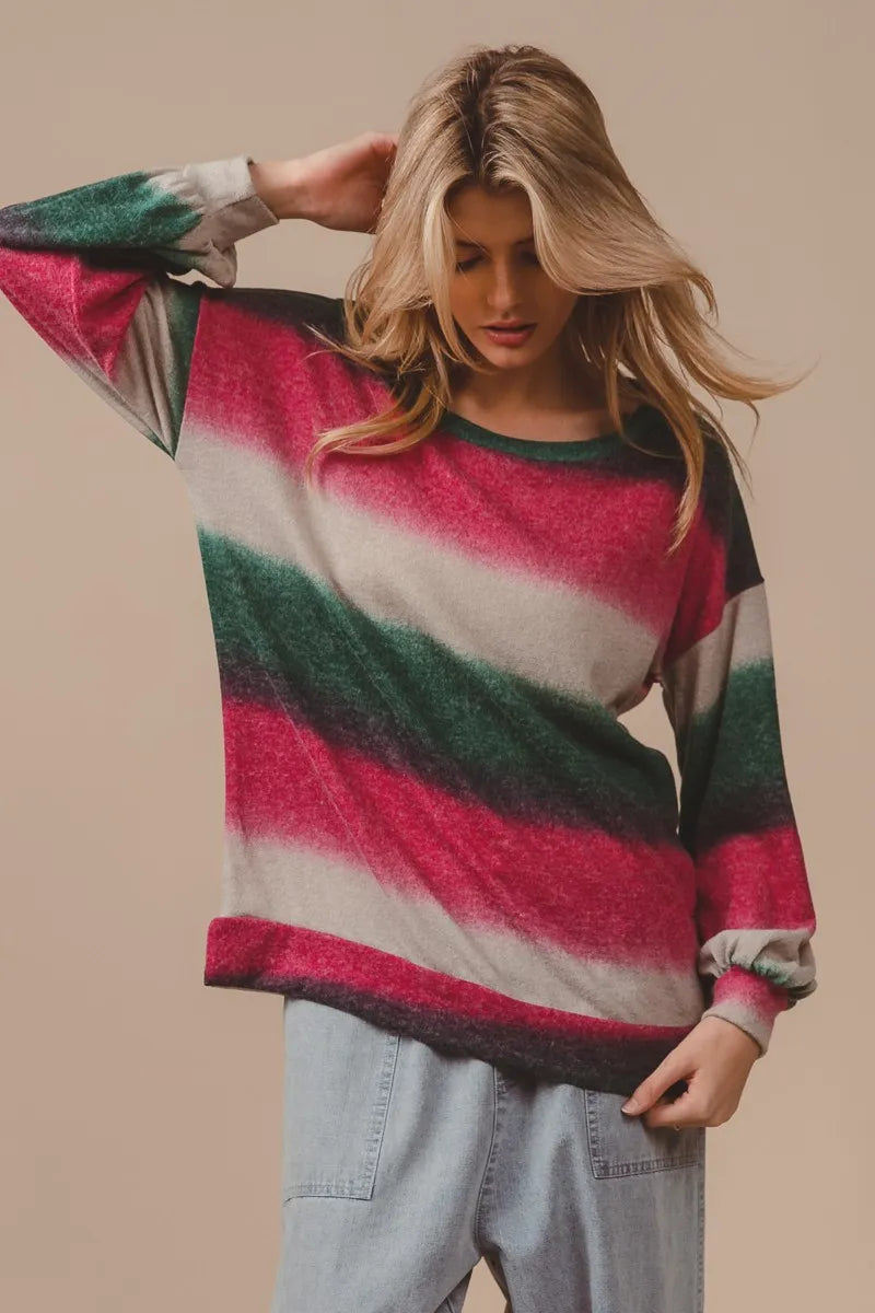 Striped knit top with crew neck; long sleeves with ribbed cuffs; fuchsia, cream, dark green