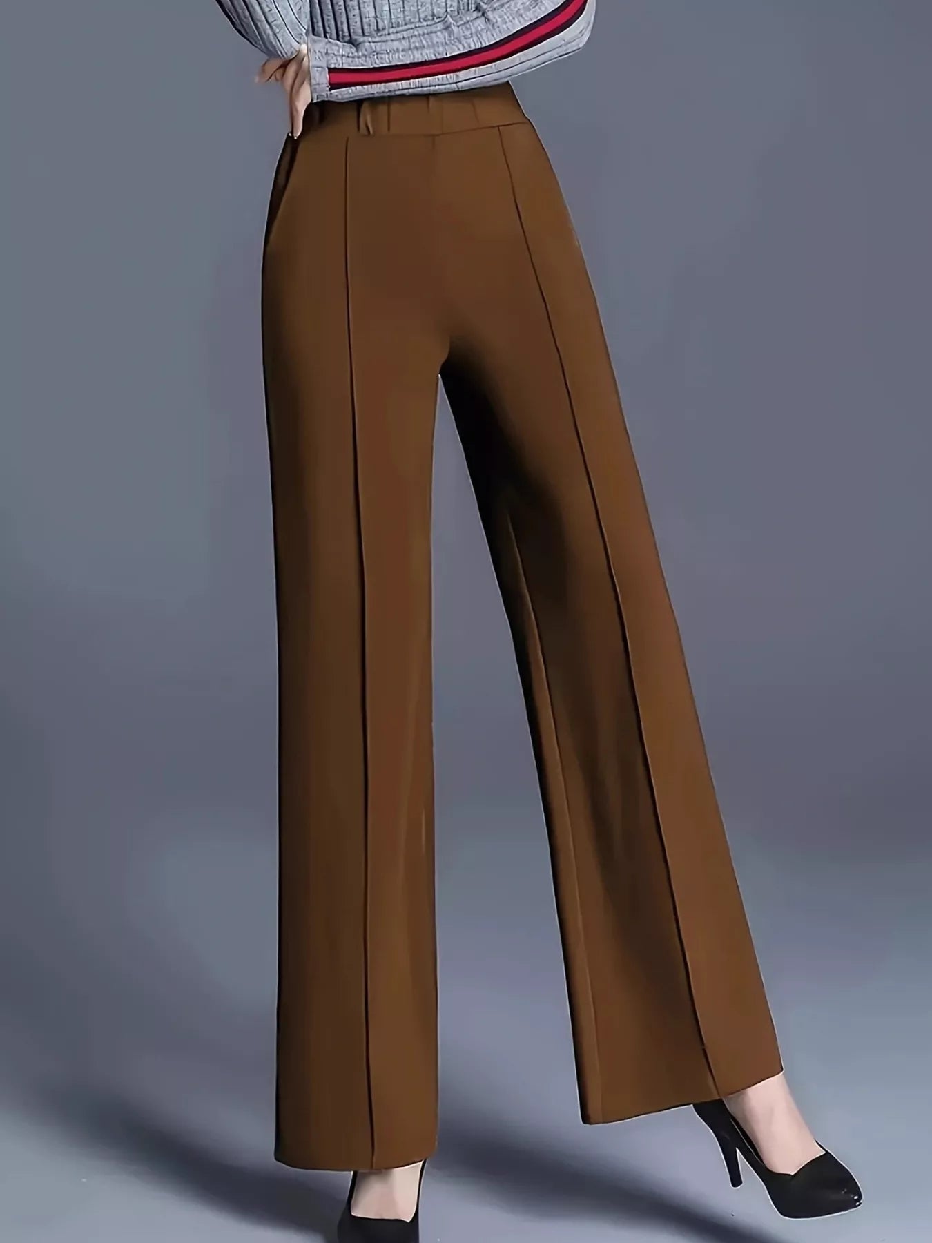 High-waisted wide-leg pants in dark brown, wide straight legs with smooth front and structured waist