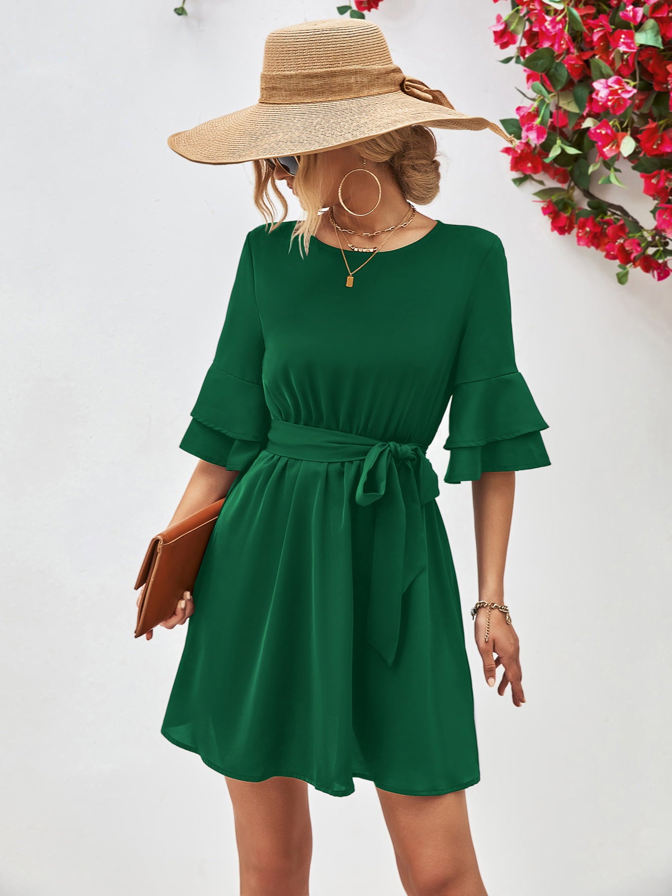 Forest green round-neck tie-belt dress with flounce sleeves, side view