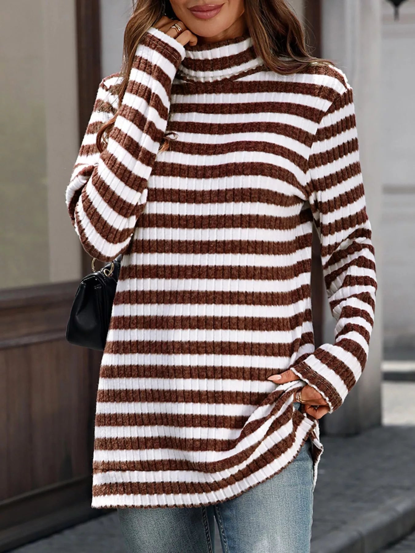 Striped turtleneck long sleeve knit top in white and brown with ribbed neckline