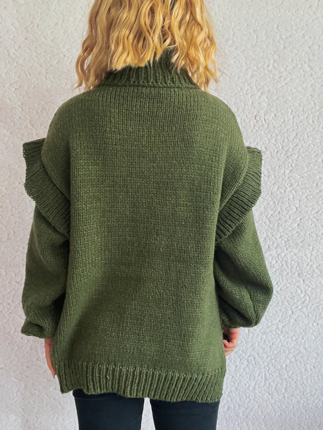 Ruffled turtleneck knit sweater, dark green, back view with shoulder ruffles
