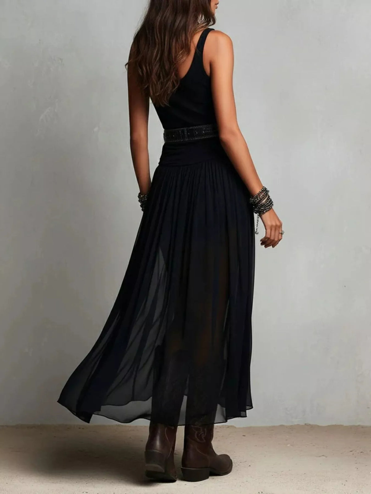 Black sleeveless scoop-neck maxi dress, back view, ruched waist and wide belt