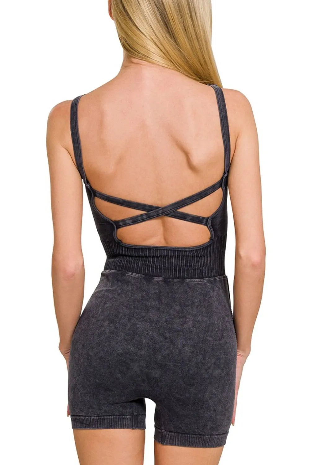 Washed dark sports romper back with crisscross straps and open back