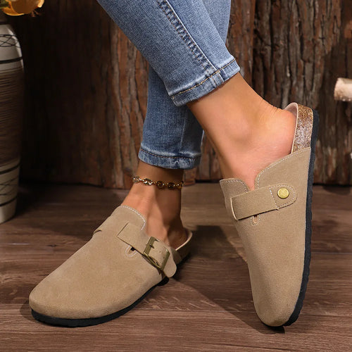 Mocha round-toe slip-on flats with buckle strap, side view