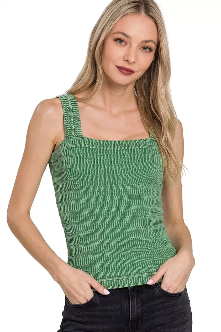 Cedar & Moore Zenana Seamless Winkle Stone Washed Tank Top in green knit, sleeveless, Trendsi
