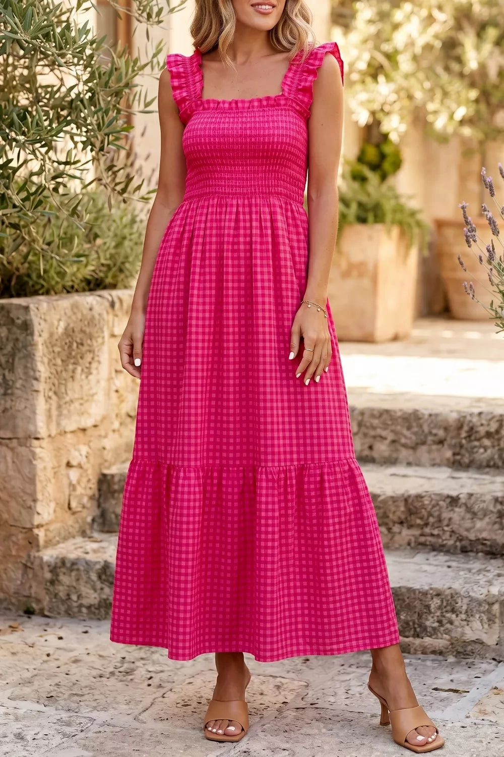 Deep rose square-neck fit-and-flared dress with ruffle straps and checkered tiers
