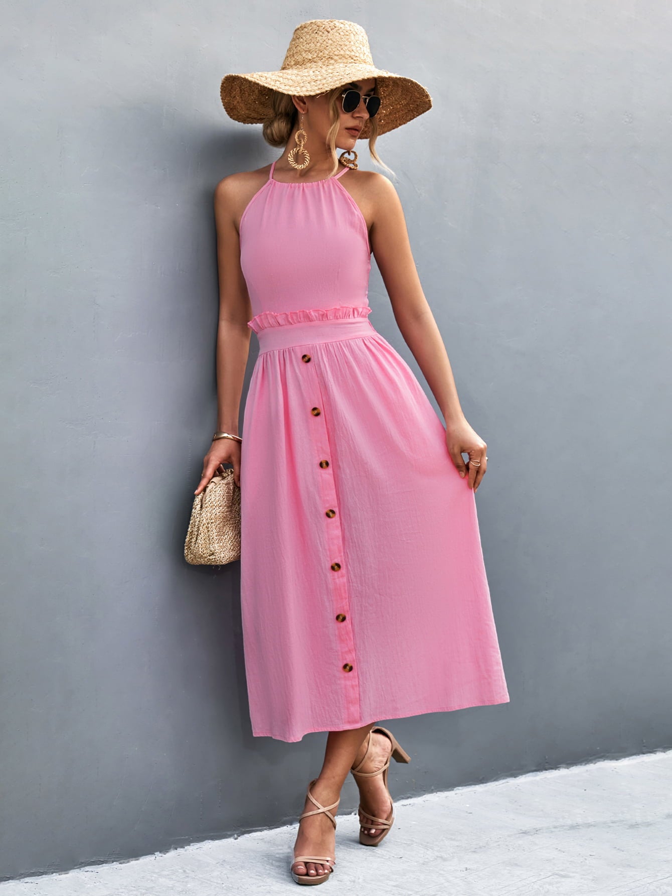 Pink halter midi dress with frill trim and button front