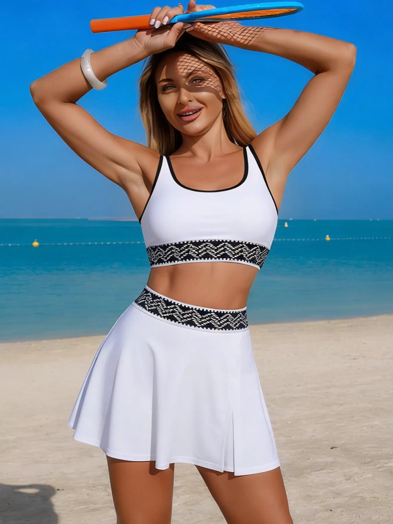 Trendsi white contrast-trim tank and skort swim set with black patterned waistband