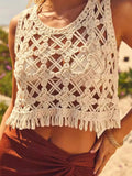 Off-white cutout crochet tank top with round neck, diamond lattice pattern, fringe hem