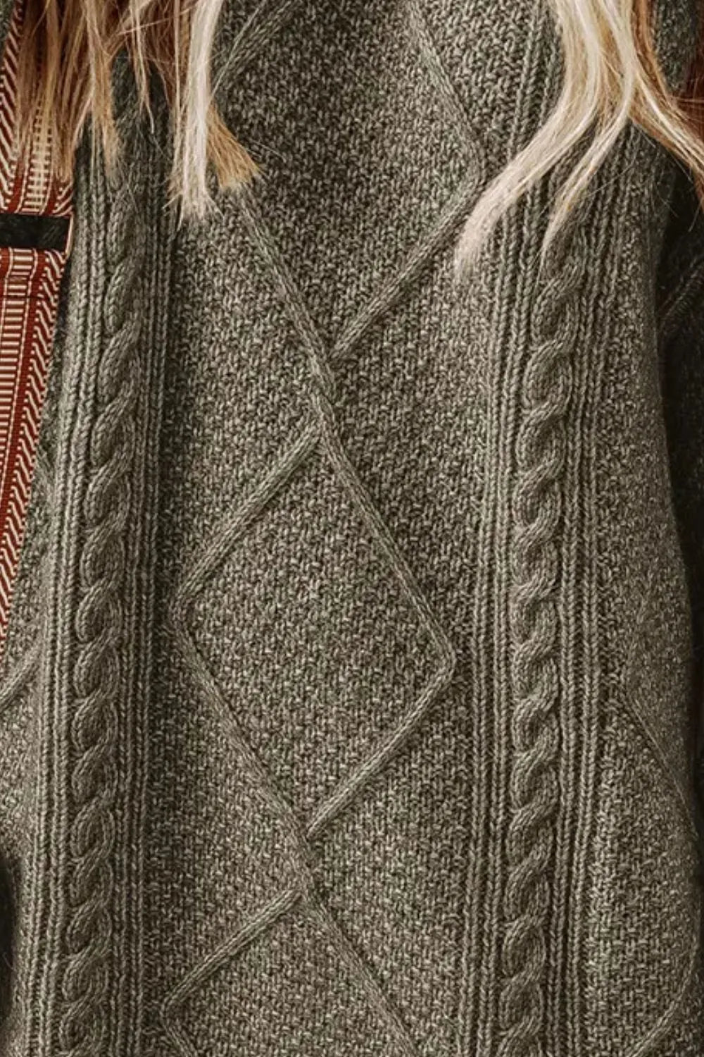 Sage green cable-knit sweater dress knit detail with diamond and rope cable texture