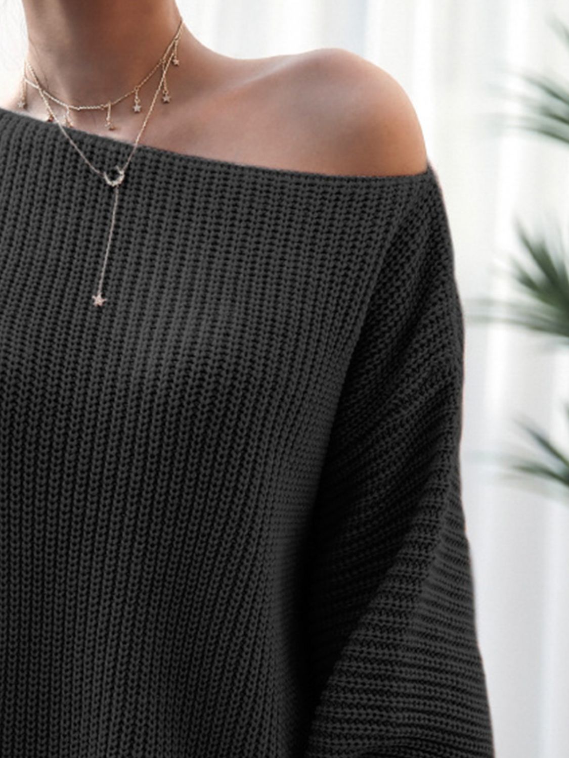 Rib-knit mini sweater dress, black, off-shoulder neckline detail, long sleeve