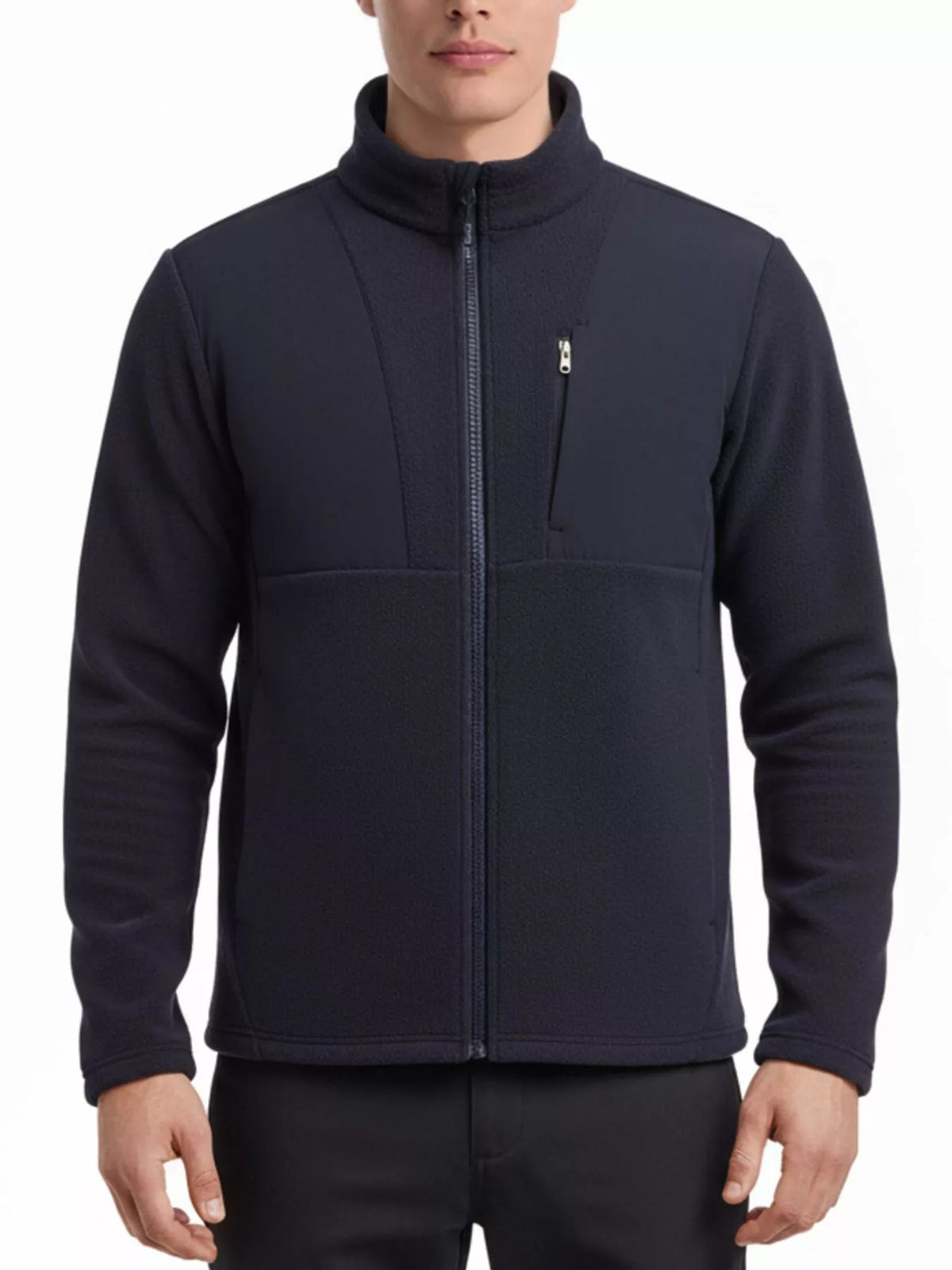 Men's fleece full-zip jacket in navy with stand collar and front zip pockets