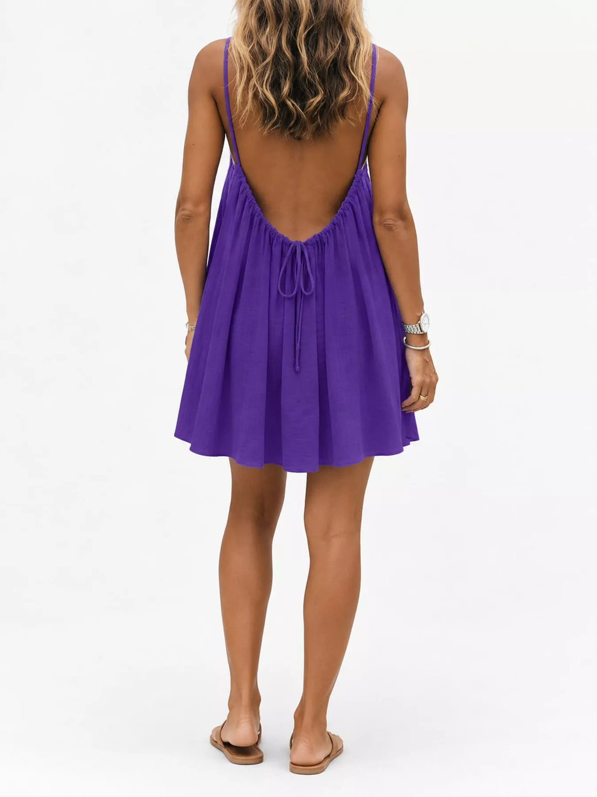 Backless spaghetti strap ruched mini dress, purple with low back and drawstring waist