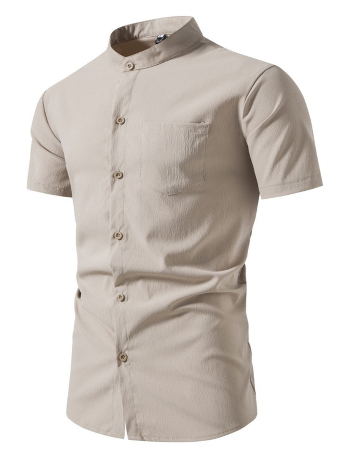 Men's beige short-sleeve button-up shirt with chest pocket and tan buttons