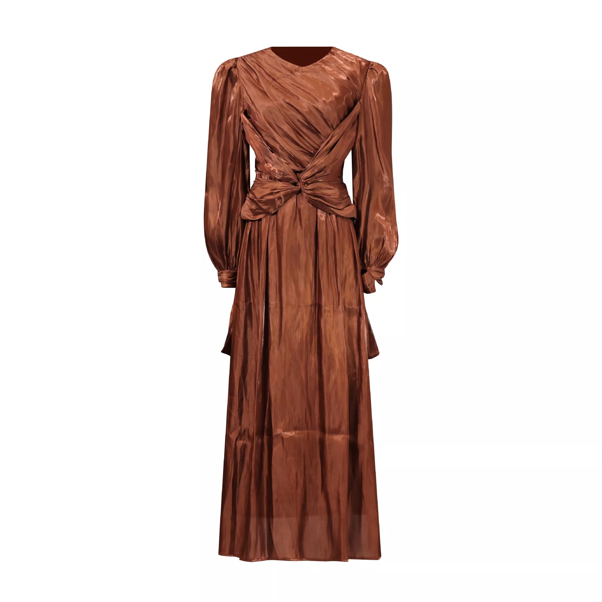 Cedar & Moore Front Twisted Draped Long Sleeve Maxi Dress in copper metallic fabric; ruched waist knot