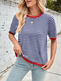 Navy and white striped knit top with red contrast round neck and half sleeves