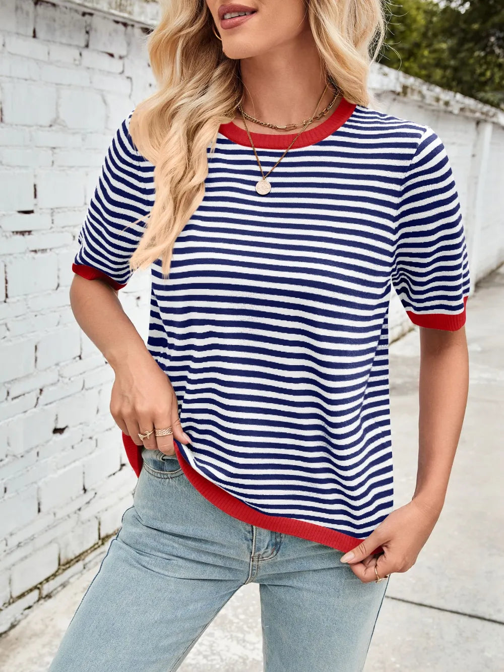 Navy and white striped knit top with red contrast round neck and half sleeves