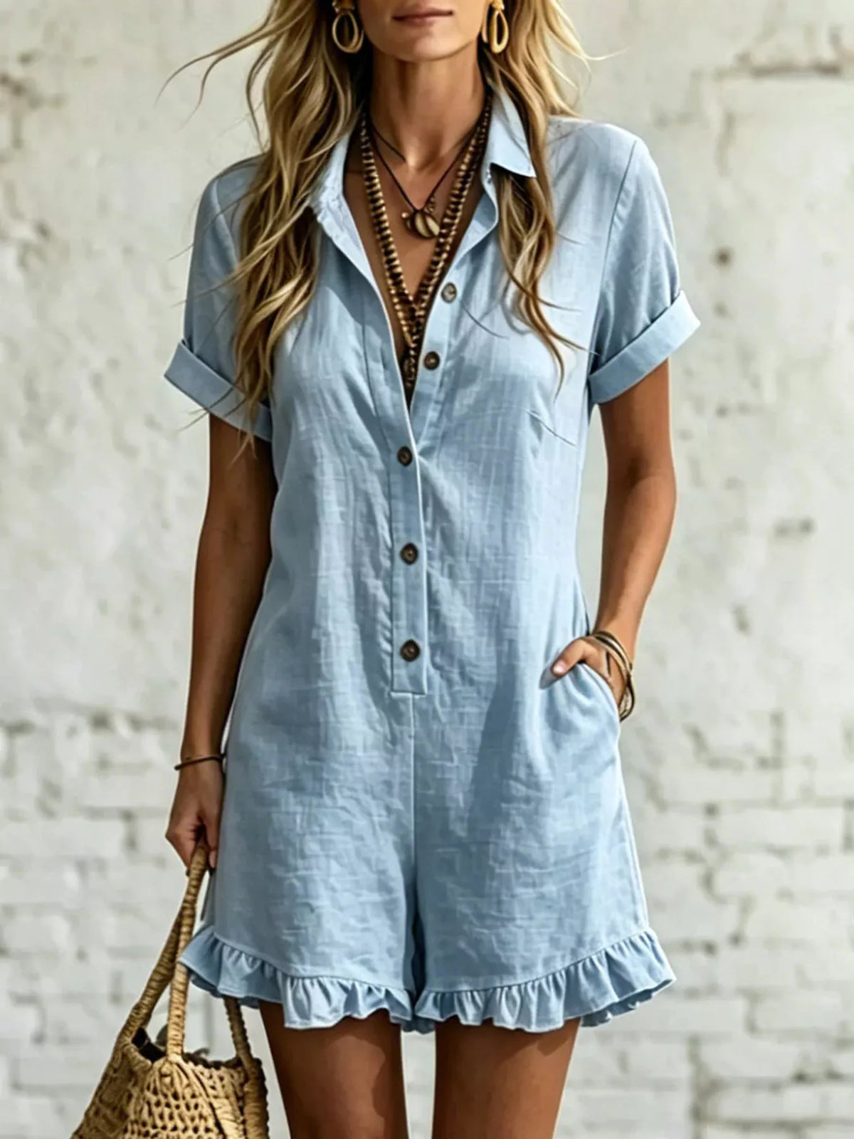 Light sky blue button-front ruffled pocket romper with short sleeves