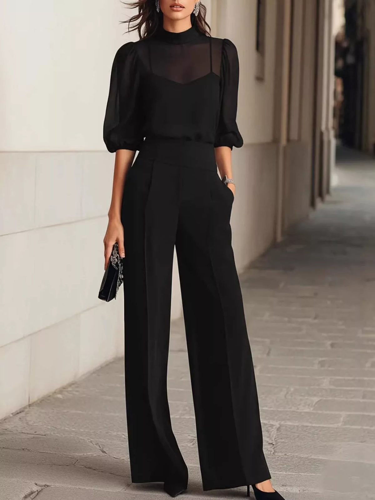 Black mock neck sheer puff-sleeve top with wide-leg pants set, tucked waist detail