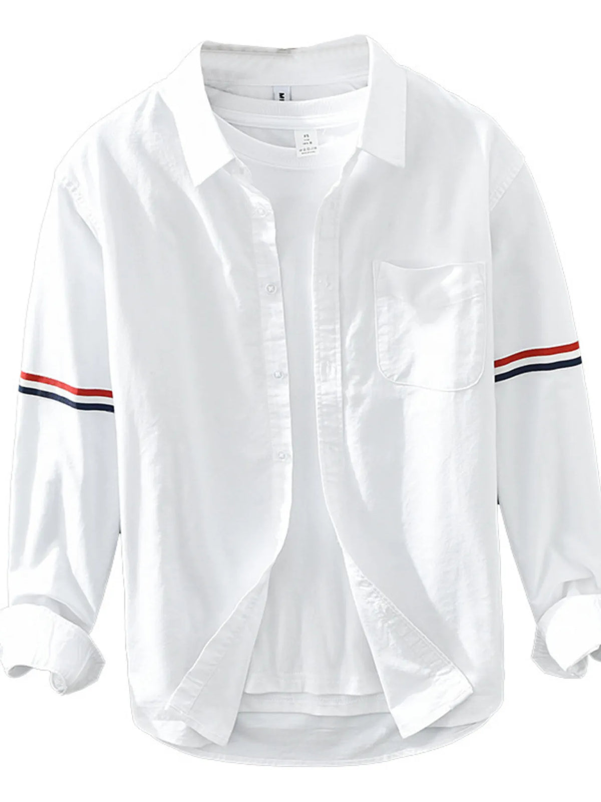 Men's classic long sleeve button-up shirt in white, close front view with chest pocket